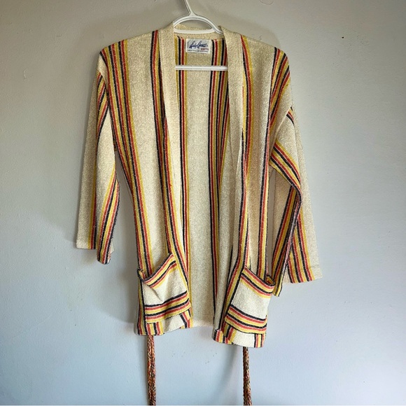 Striped Cardigan, vintage, 70s, with belt linen,arnel and acrylic, 3/4 sleeve - Picture 1 of 6